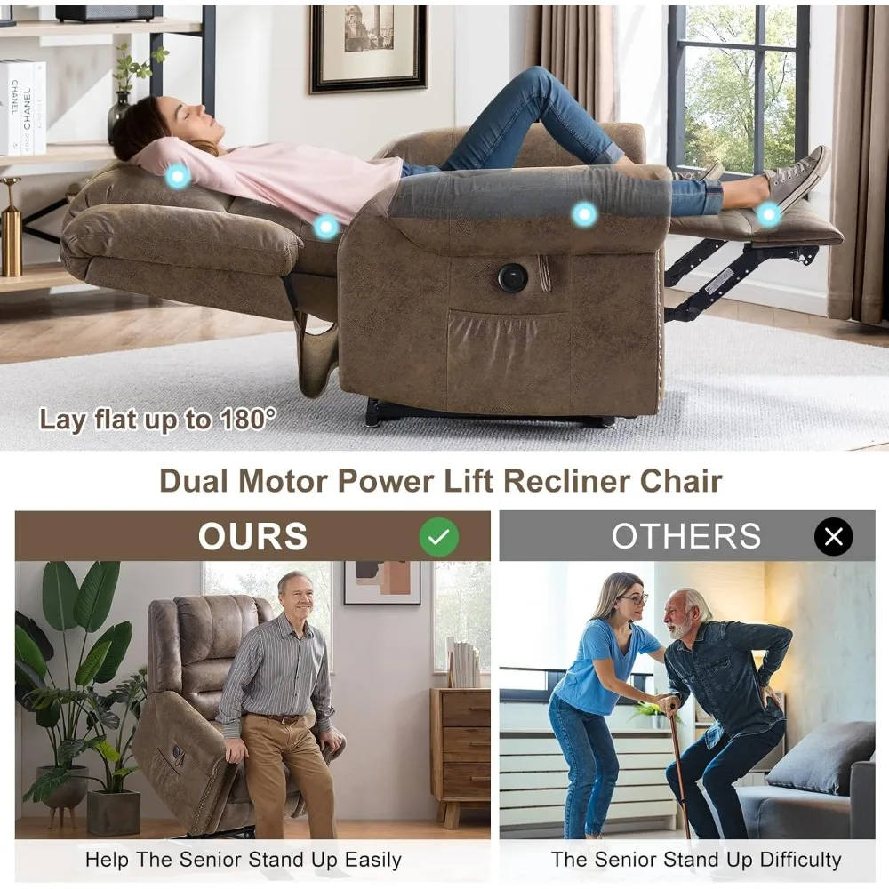 Dual Motor Lay Flat Lift Chairs Recliners for Elderly w/Massage and Heat, Breathable Leather Infinite Position Large Sleeping