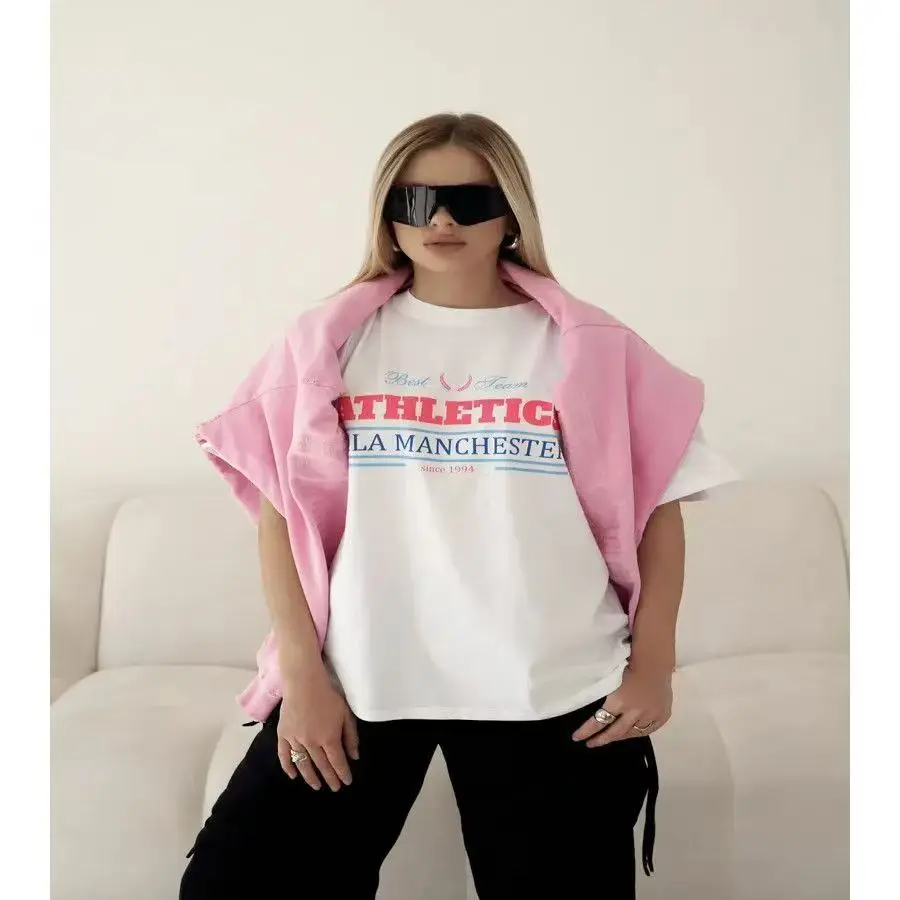 Amerikanische Retro-Sport-T-Shirts mit Buchstaben-Print im Preppy-Stil, Oversize, Damen, 100% Baumwolle, hochwertige Kurzarm-Freizeit-Tops