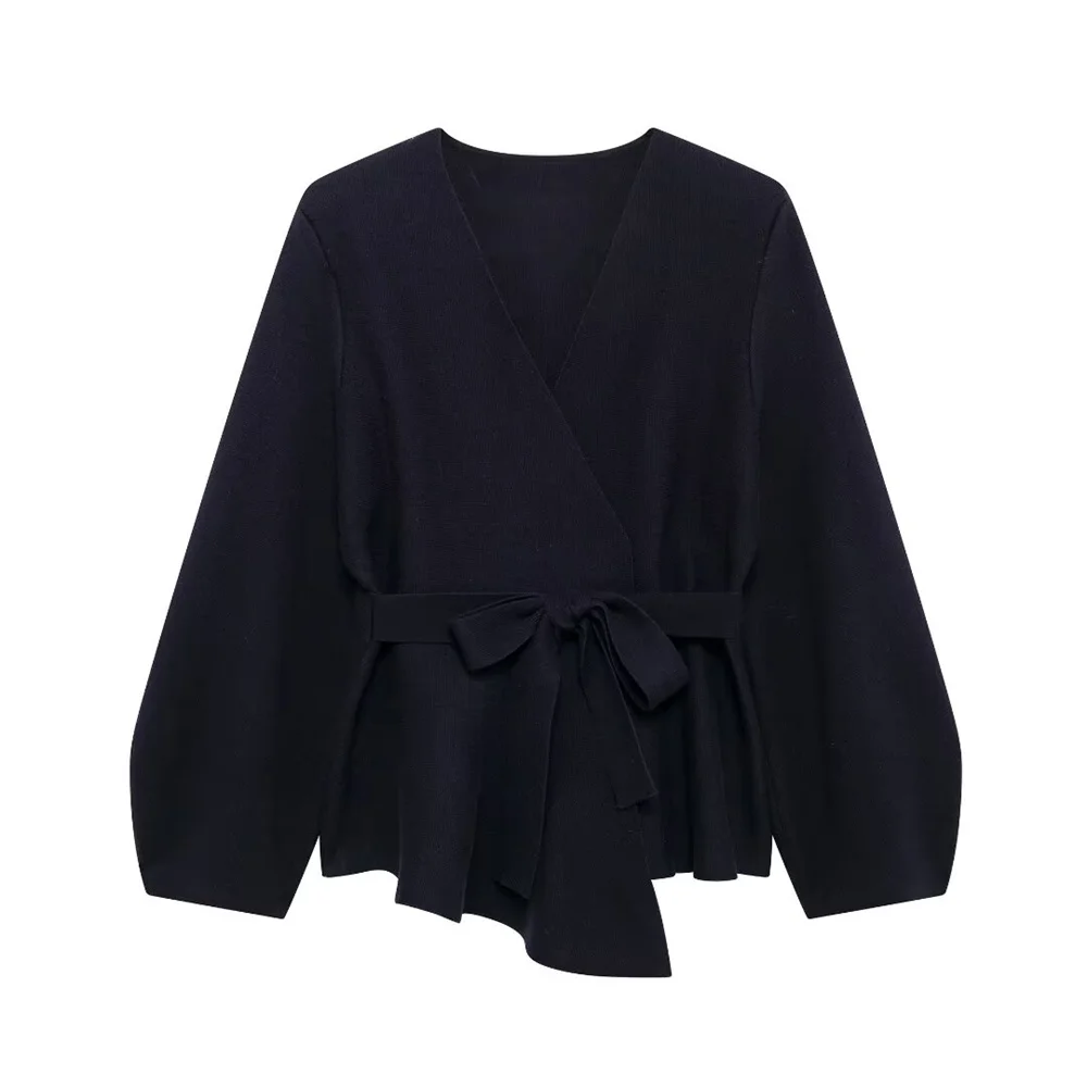 سترة نسائية محبوكة بحزام الخصر وإكسسوارات الكتف للخريف والشتاء ورقبة على شكل حرف V وأكمام طويلة #1