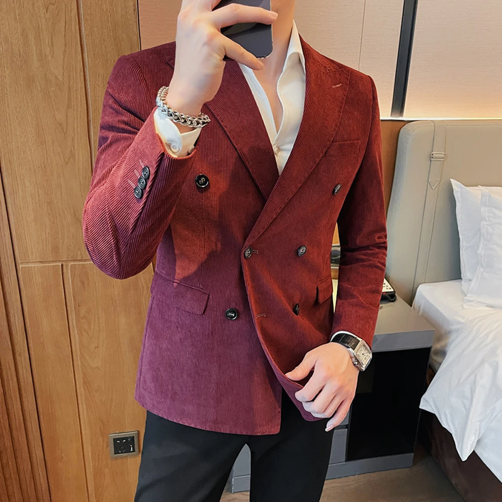 

New Classic Corduroy Casual Men Suits Slim Double Breasted Groom Tuxedos Tailor Made Jackets Male Blazers Costume （Only Coat）