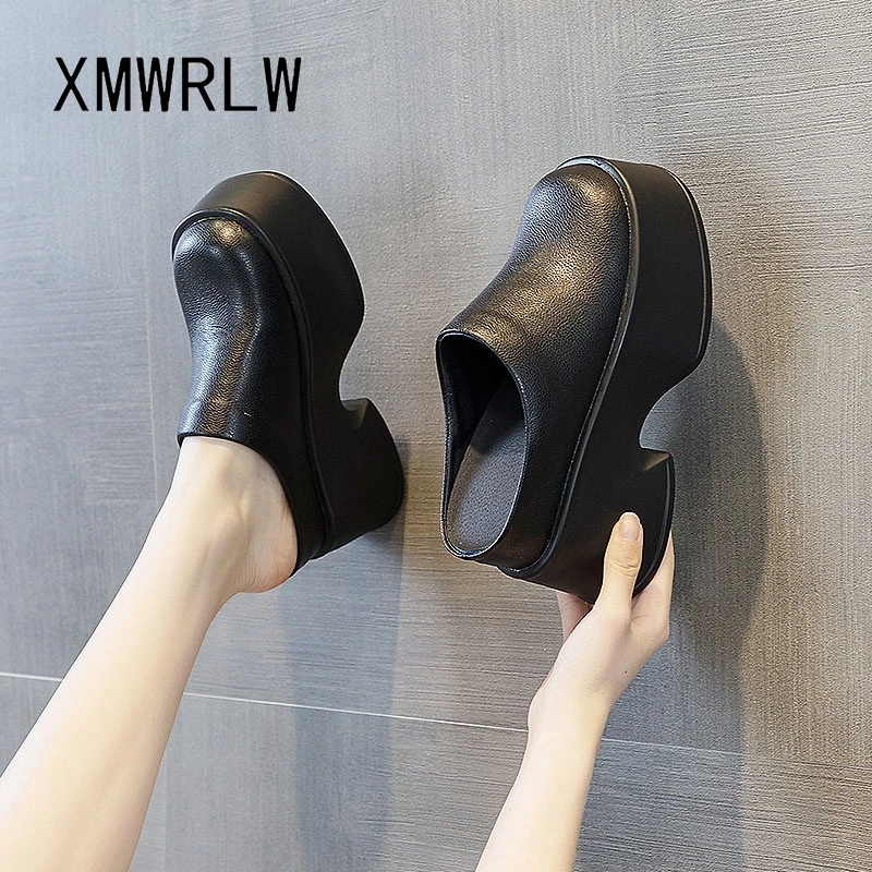 XMWRLW Women Genuine Leather Platform Summer Slippers Fashion High Heels 11cm Female Rubber Sole Non Slip Women Summer Slippers
