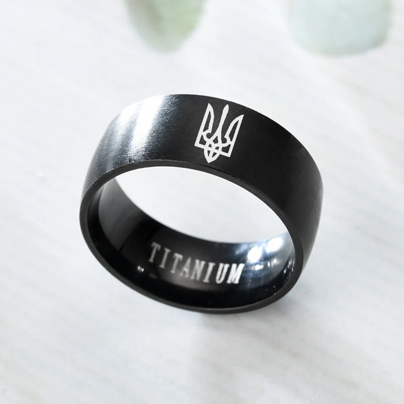 

8MM Stainless Steel Ring with Ukrainian National Emblem 'God Bless Ukrainian' Engraved Personalized Men's Ring