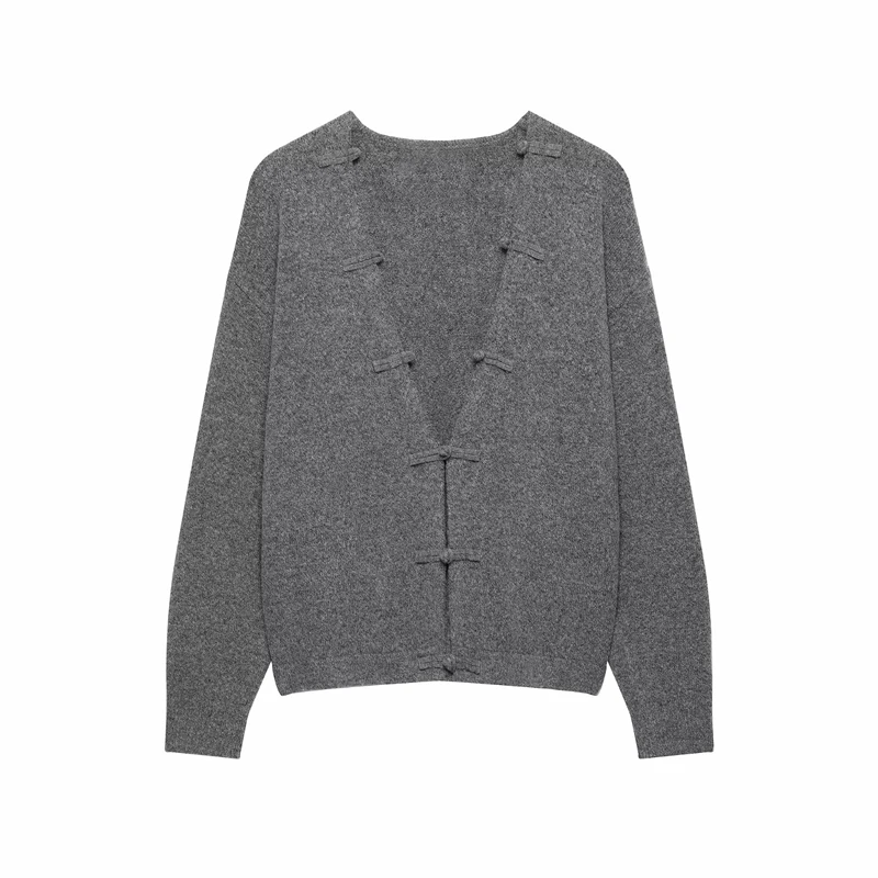 Elegant Women Gray Knit Cardigan New Chinese Style Mandarin Frog Closure V Neck Long Sleeve Soft Knit Loose Outer Coat