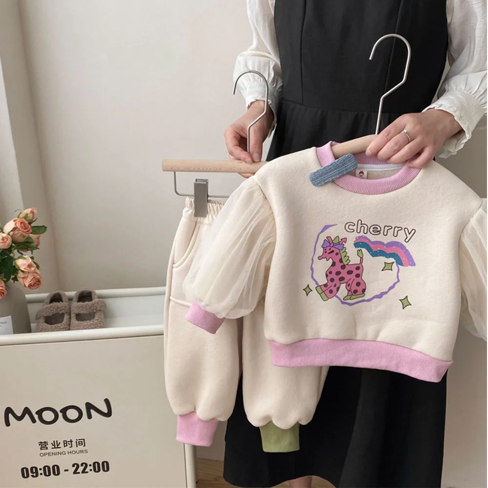 Thicken Warm Fleece Set for Girls Contrast Color Long Sleeve Cartoon Print Pullover Hoodies+Soft Jogger Pants 2Pcs Children Suit