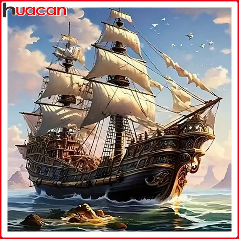 HUACAN 5D Sea Sailboat Diamond Painting New Arrivals 2025 Full Square Round Diamond Mosaic Art Rhinestone Pictures