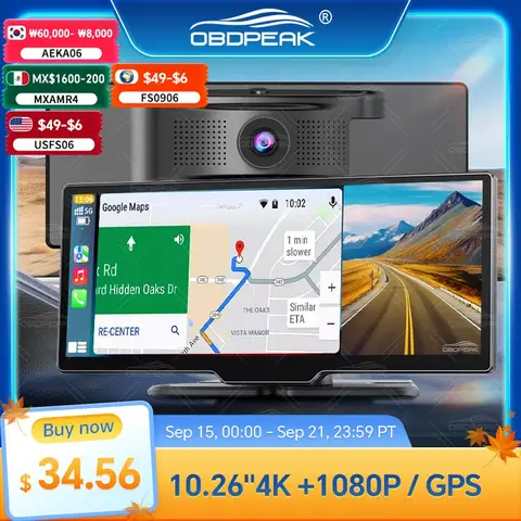 10.26 inch Car DVR 4K Dash Cam Dual Lens Wireless Carplay Android Auto Video Recorder Monitor GPS Navigation 5G Wifi BT AUX Out