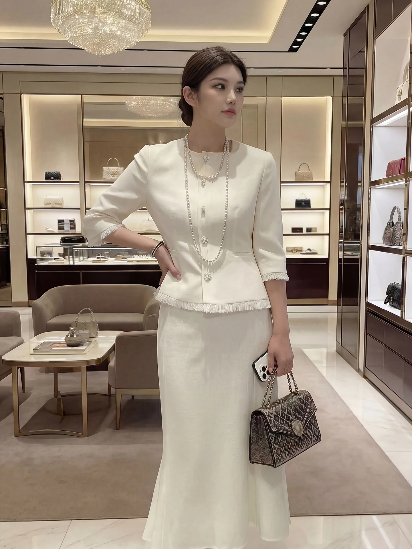 

High-End Pearl Button Fish Tail Skirt Set with Fringe Coat Elegant Women's Fashion Ensemble Regular Sleeve Length Button Closure