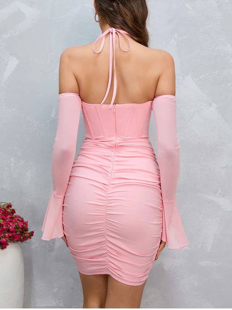 Newasia Glocken ärmel Halfter schiere Mesh Mini Korsett Kleid binden rücken frei geraffte sexy Party Club kurze Kleider rosa