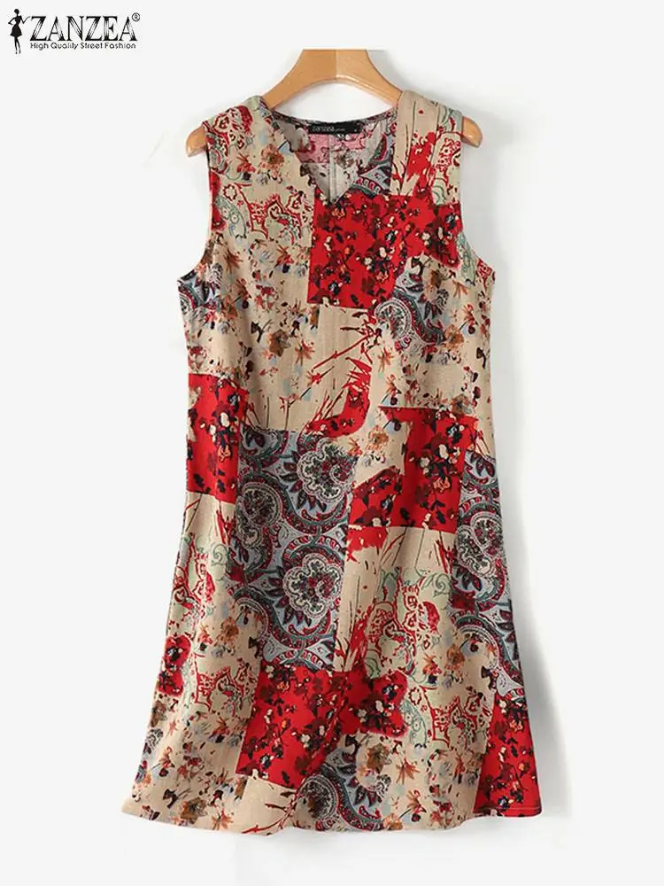 Zanzea Vrouwen Bohemien Zomerjurk 2024 Zomer Mode Mouwloze Bedrukte Mini Vestidos Casual V-Hals Losse Vintage Korte Jurk Gewaad