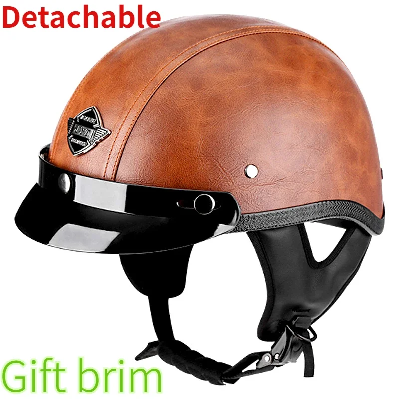 Retro Half Helmet Men's and Women's Four Seasons Fashion Pedal Motorcycle Universal Electric Car Safety Leather Helmet