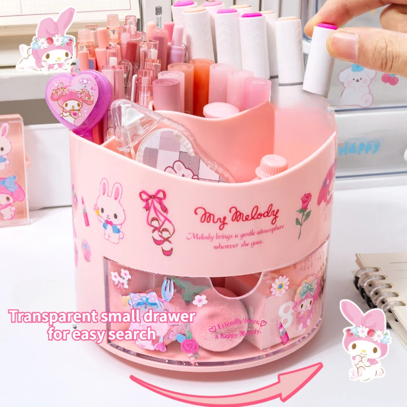 Imagem -03 - Miniso Sanrio Rotating Pen Holder Organizador de Mesa Caixa de Armazenamento Kawaii Sanrio Cinnamoroll Adesivos Bonito Papelaria Armazenamento para Meninas