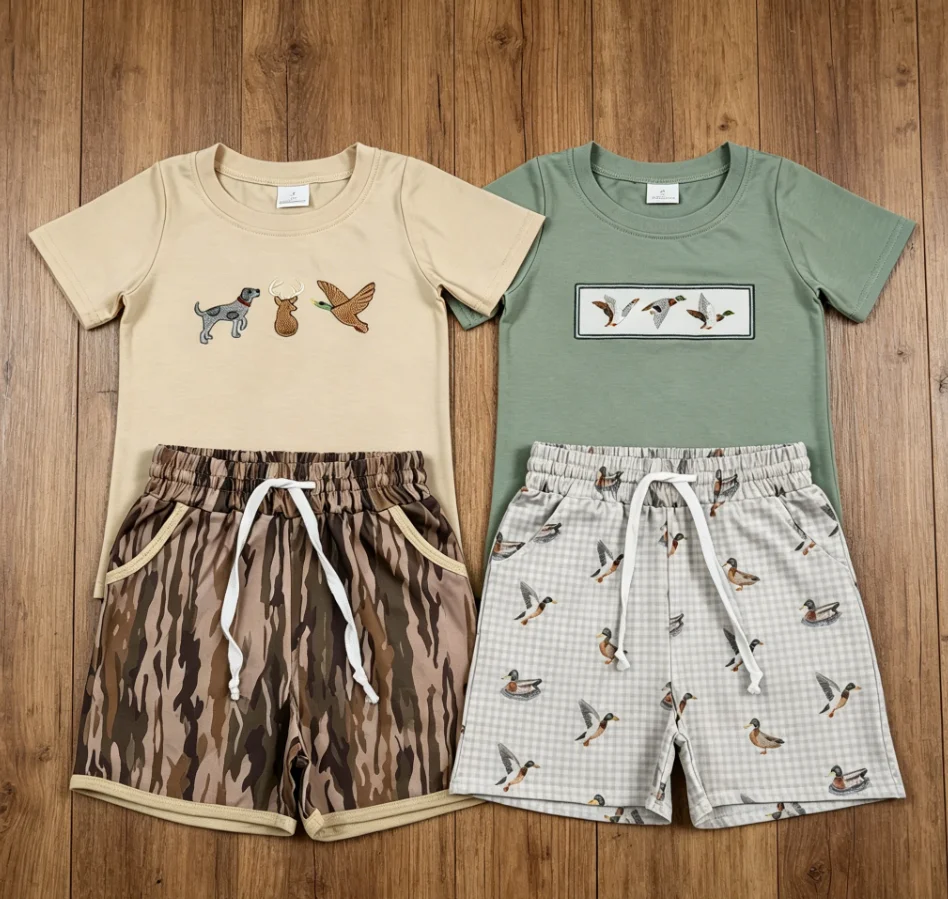 Wholesale Boys Camo Ducks Outfits Toddler Short Sleeve Cotton Shirt Children Kids Set Baby Boy Pockets Shorts Embroidery Clothes
