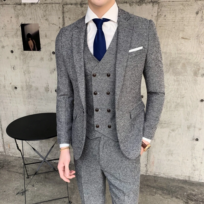 High-quality Men Slim Fashion Banquet Groom Single Button (suit + Vest +trousers) Business Handsome Leisure Suit Three-piece Set