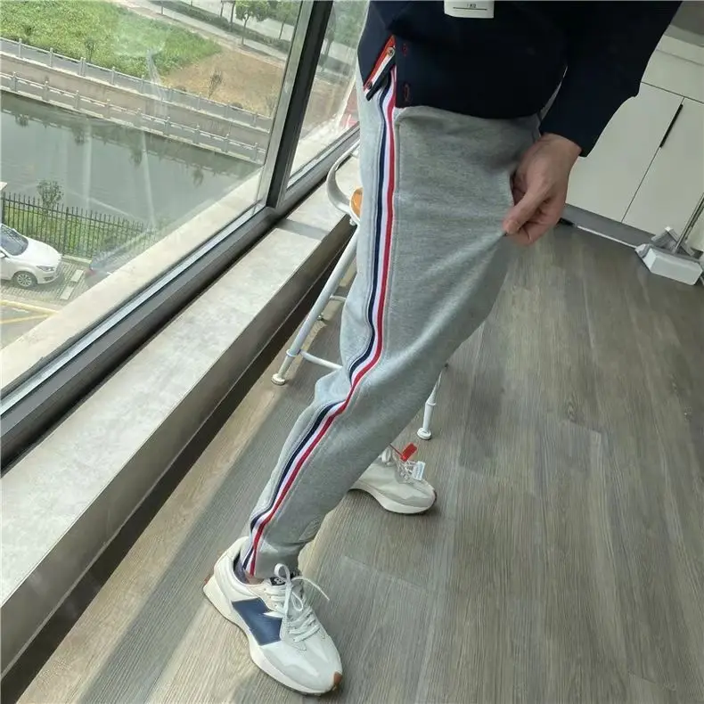 Classic Side Woven Sweatpants for Men, Casual Sports Pants, Leg-tied Long Pants, Trendy Cropped Pants, Autumn, 2024