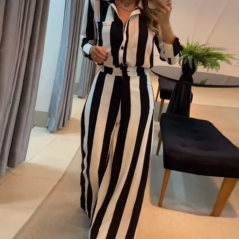 Autumn Fashion Stripe Women\'s Two Piece Sets Casual Turn-down Collar Button Shirt and Long Pants Suit New Loose Commuter Outfits