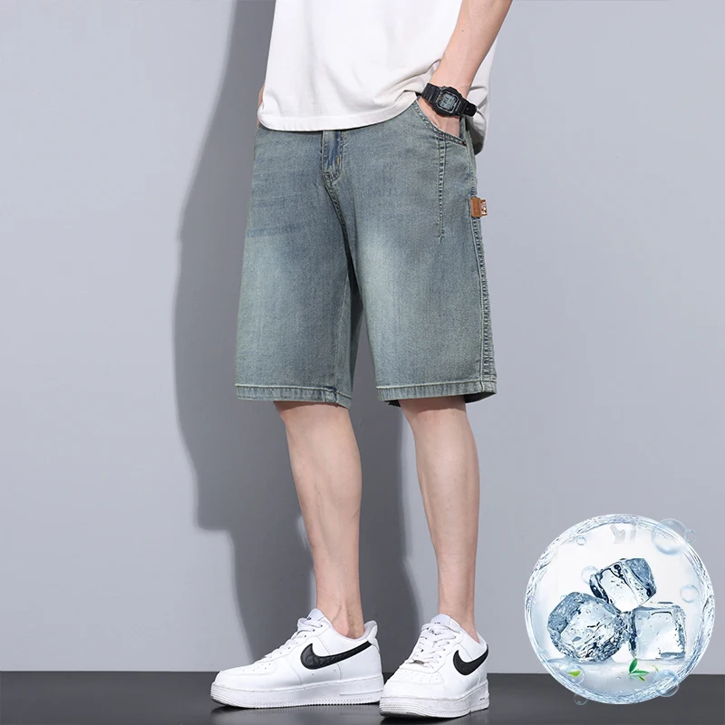 

Summer Thin Lyocell Shorts Men's Loose Vintage Short Jeans Soft Drape Breathable Cool Ice Silk Casual Knee-length Pants