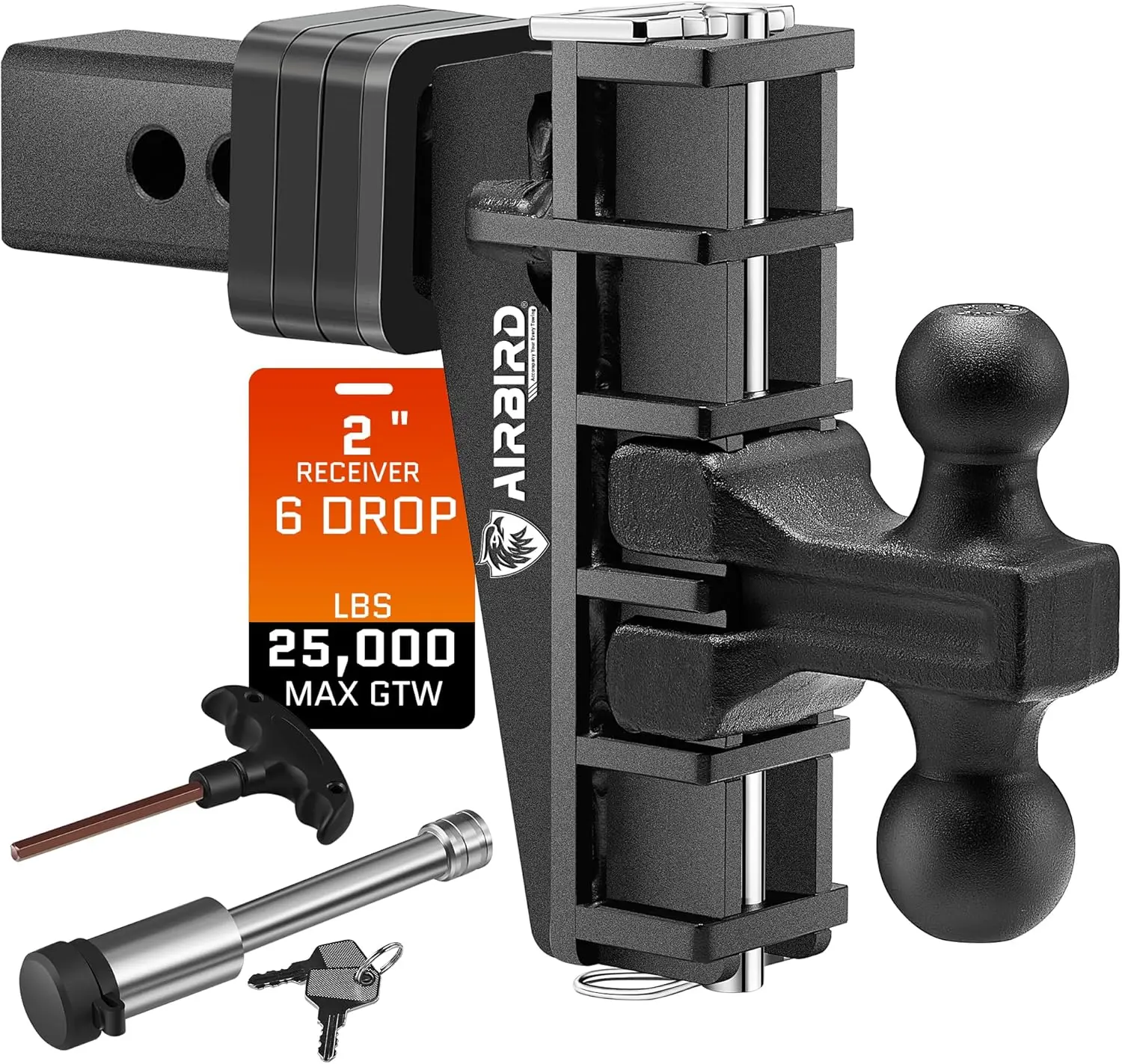 

Adjustable Trailer Hitch for 2-Inch Receiver, Heavy Duty Tow with 6-Inch Drop, Fits 25000 LBS GTW and Multiple Ball Sizes