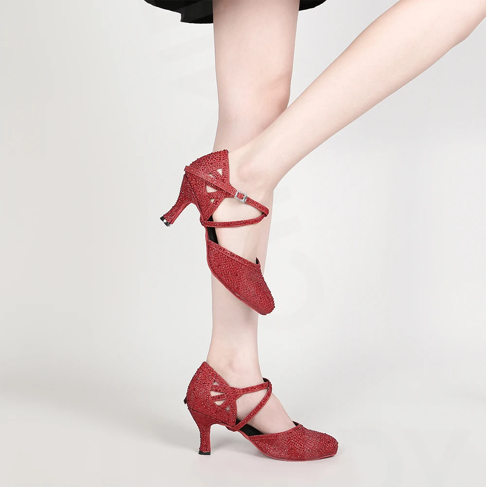 CINMIDY Rote Strass-Lateintanzschuhe Damen Tango-Tanzschuhe Moderne Schuhe Weiche Sohle Hochzeitsschuhe Silber – Detail 15