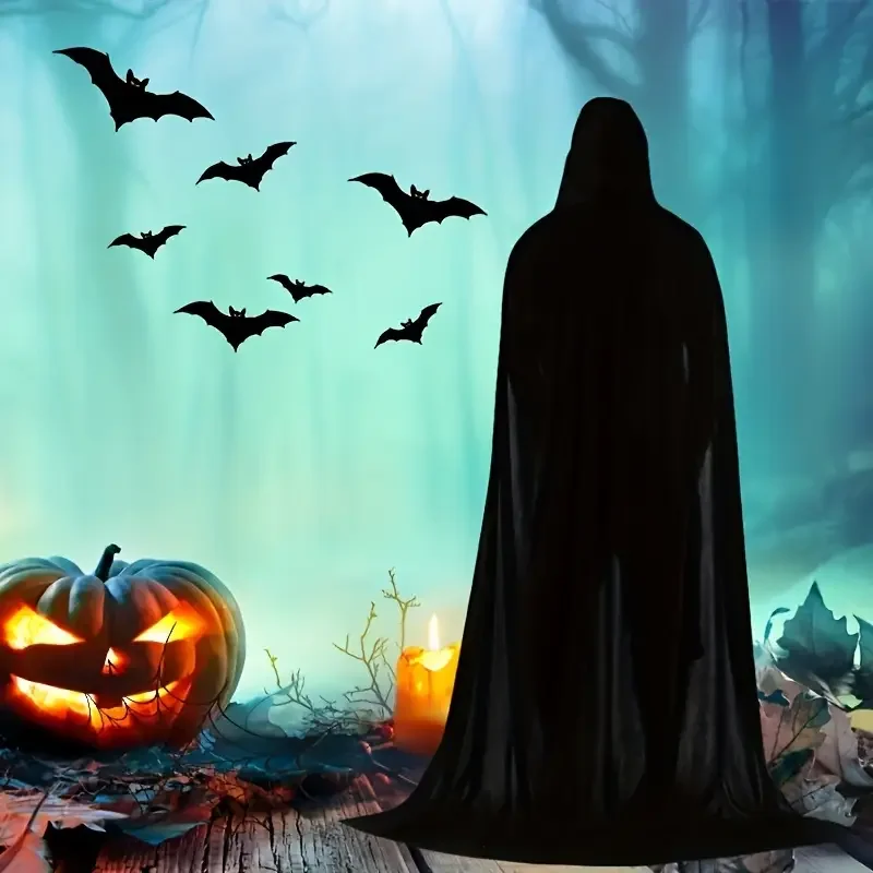 Halloween Cloak Cape Costume Black Wizard Robe Grim Reaper Cosplay Outfit for Adults Kids Party Stage Performance Decoration