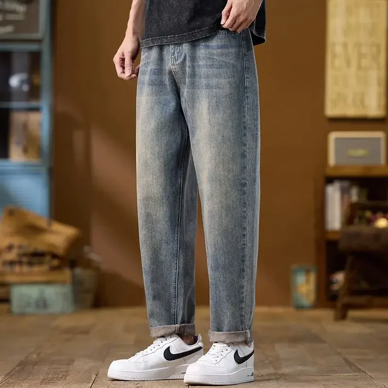 Neue Vintage-Jeans für Herren, schmale Passform, bestickt, gerade, trendige Denim-Hose, hohe Taille, elastische Taille, atmungsaktive Herren-Baggy-Hose