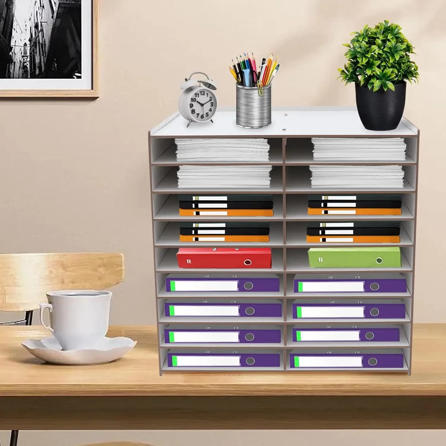 9-Tier File Fold Holder Rack Office Paper Organizer Magazine Storage Book Shelf Wood Desktop File Organizer Document 18 Grids