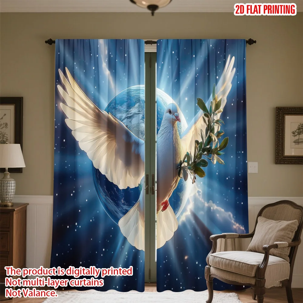 

2D flat printing 2pcs Curtain Peace Dove Over Earth Digital Printed Polyester Drapes All Season Party & Holiday Decor Perfect
