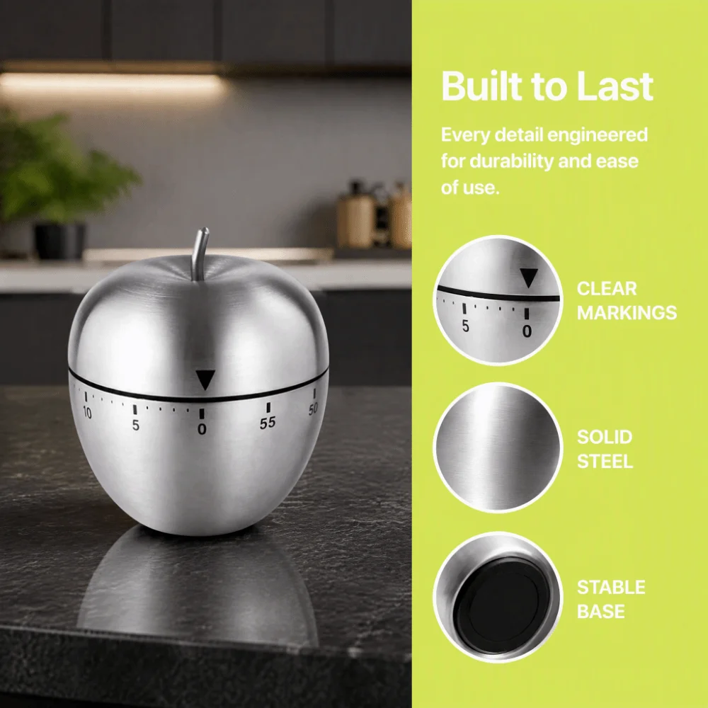 2PCS 60 Minute Mechanical Kitchen Timer Stainless Steel Manual Operation Cooking Timer Egg Apple Shaped Wind Up Mechanism