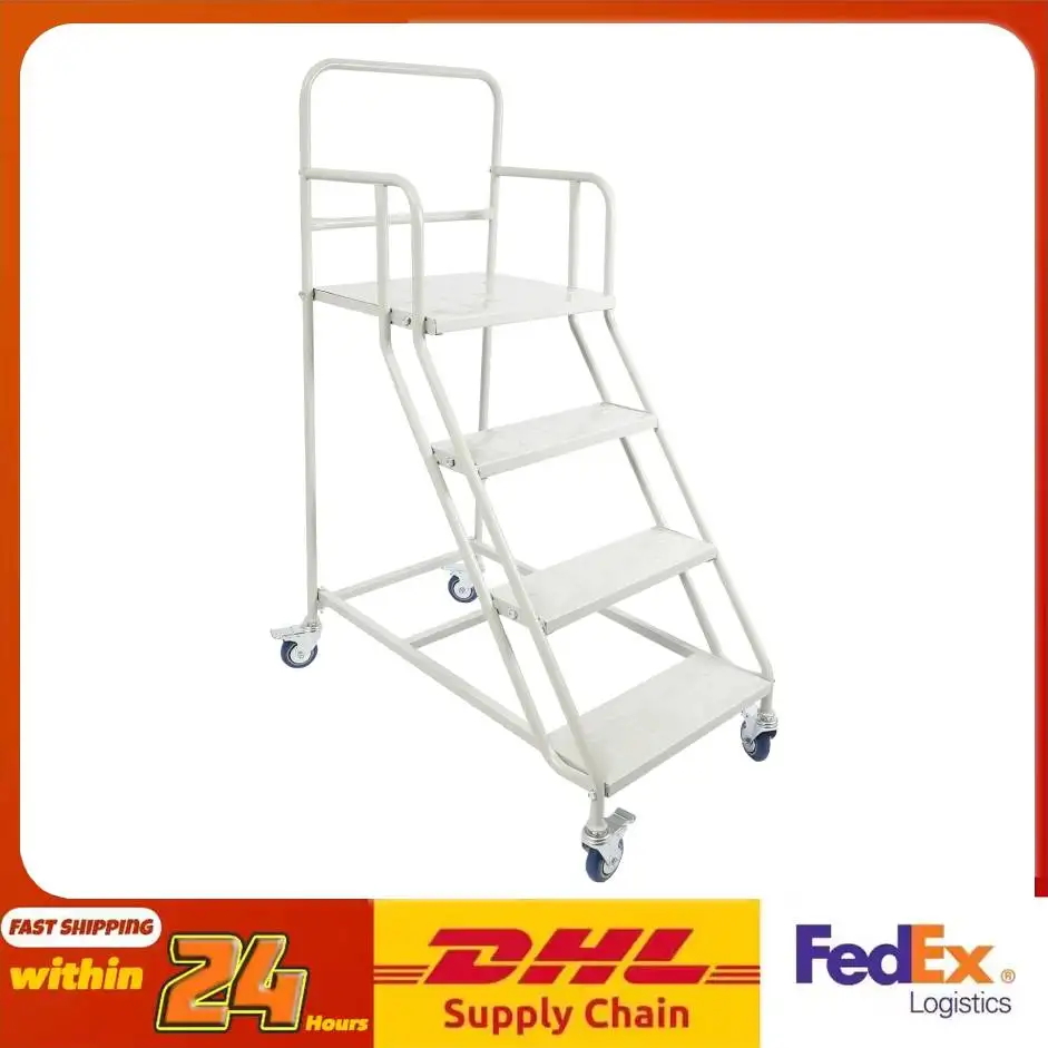 Heavy-Duty 4-Step Stair, High Load-Bearing Warehouse Ladder, Anti-Slip Mobile Step Ladder with Brake Wheel, Cold-Rolled Steel Elevation Platform with Guardrail for Warehouse Supermarket Home