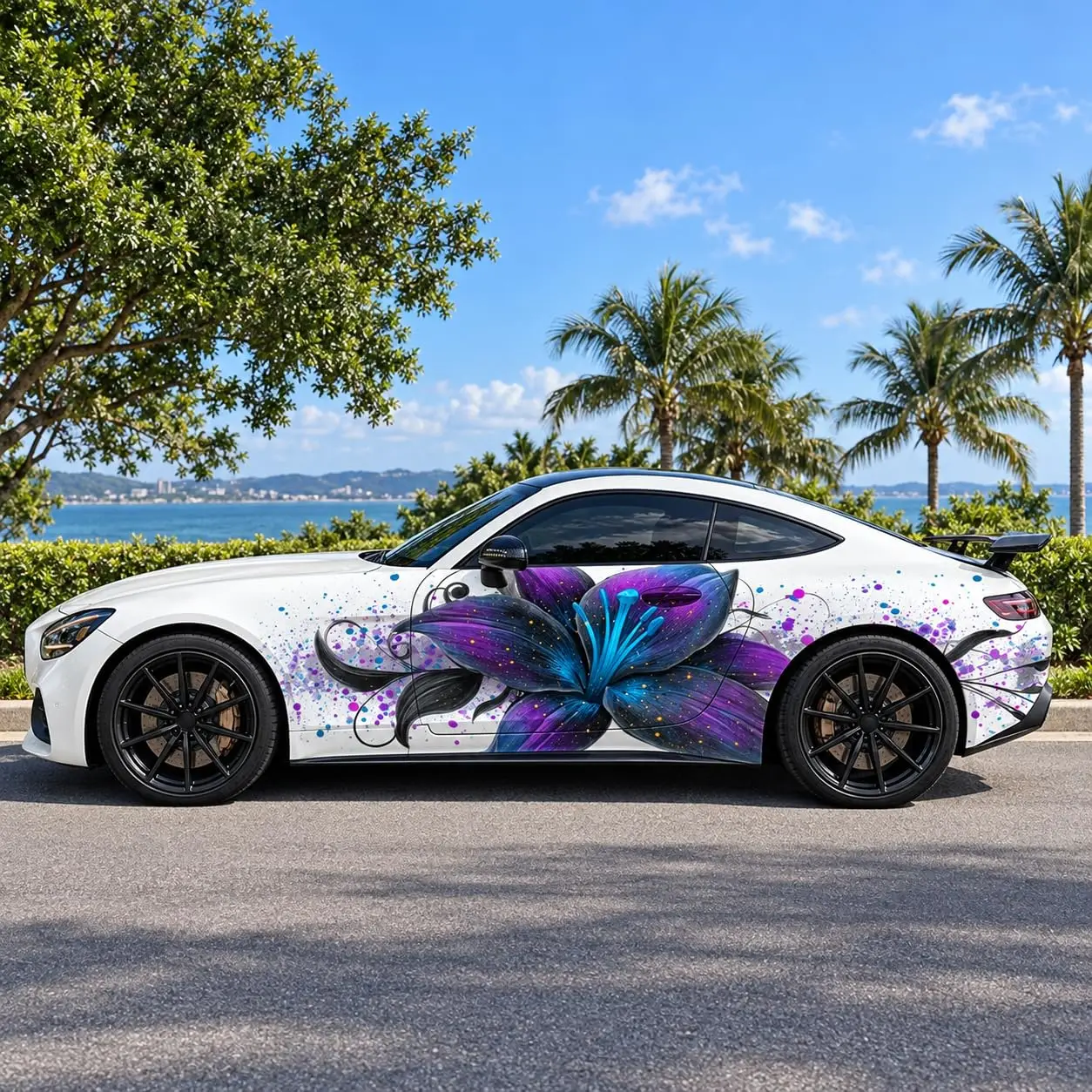 Purple Blue Lily Floral Car Side Vinyl Wrap Decal Sticker