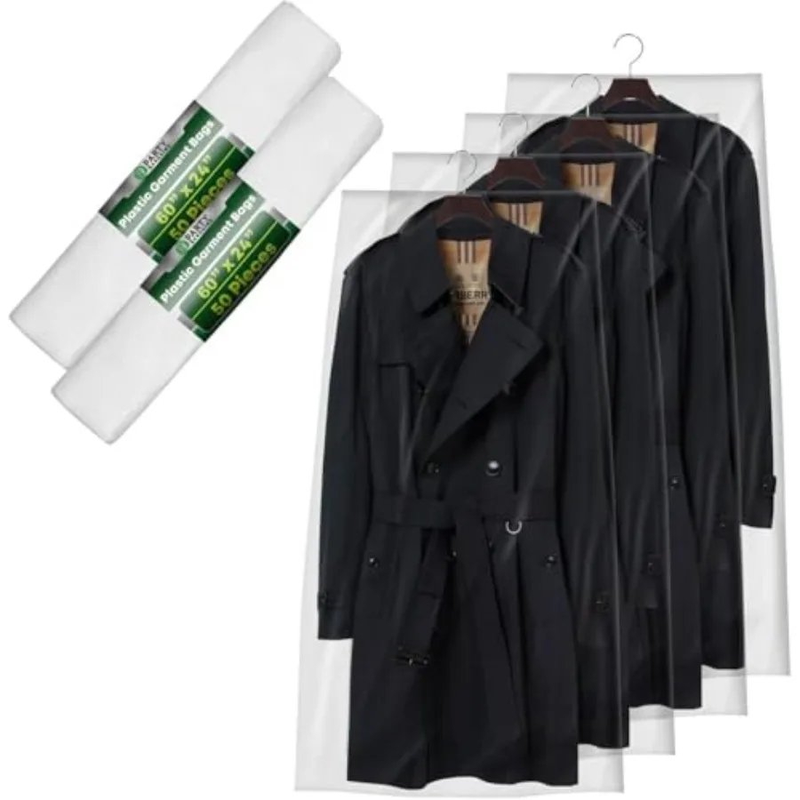 

60 x 24 дюймов (152 x 61 см) одноразовые прозрачные пакеты для одежды, 100 штук, прочные пластиковые чехлы для костюмов, платьев, пальто, для шкафа и путешествий