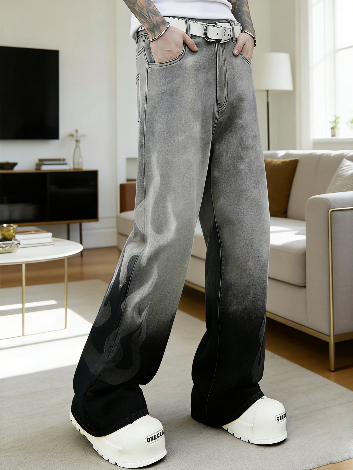 

Niche design flame print jeans, gradient washed texture, wide-leg straight fit for men