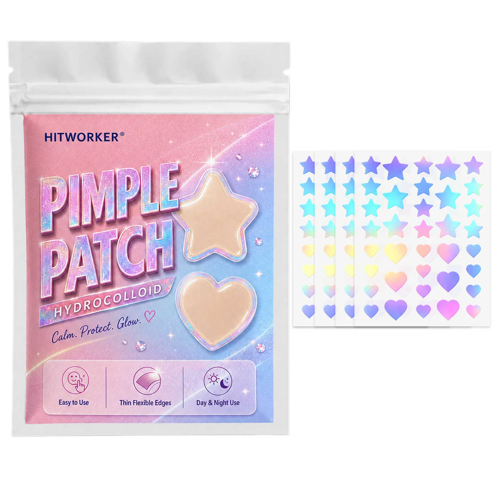 144pcs Hydrocolloid Pimple Patches, Star Heart Spot Cover Stickers, Iridescent Face Patch, Ultra-Thin Easy Peel Day Night Use