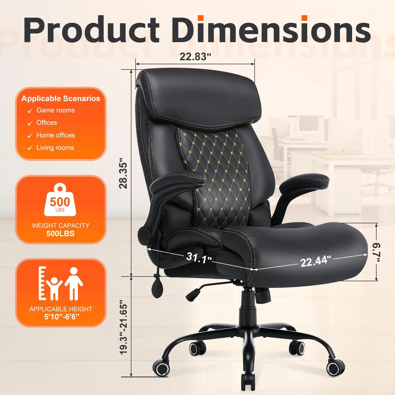 Big & Tall Office Chair 600lbs Heavy Duty Ergonomic Executive Desk Chair Adjustable Armrest Wide Seat PU Leather Air Lumbar for