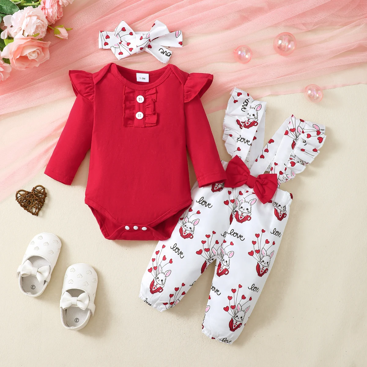 Baby Girl Clothing 3Pcs Spring Autumn Outfit 0-18M Red Ruffle Bodysuit Cartoon Bunny Heart Bow Headband Newborn Clothes Set