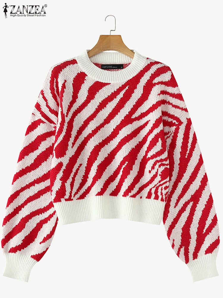 

ZANZEA Fashion Long Sleeve Zebra Striped Sweater Stylish Autumn Sweaters Women Jumpers Casual Knitted Top Winter Loose Pullovers