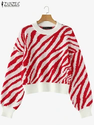 ZANZEA Fashion Long Sleeve Zebra Striped Sweater Stylish Autumn Sweaters Women Jumpers Casual Knitted Top Winter Loose Pullovers