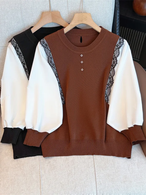 

Lace Splice Long Sve Knitted Base irt Women's plus Size Spring 2026 Casual Sle Soft Fabric Batwing Sve Top
