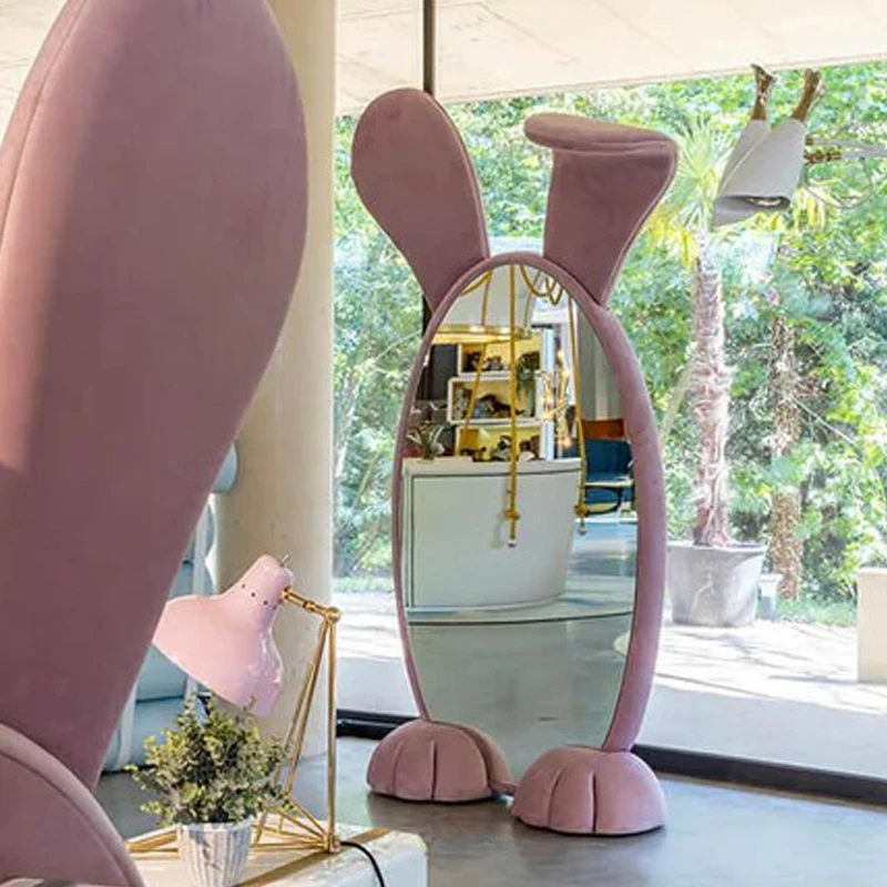 Cute Pink Modern Fabric Floor Mirror Big-Eared Bunny Dressing Mirror for Kids' Bedroom or Wedding Occasions