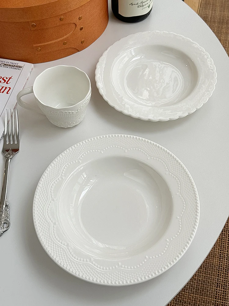 

Anmuli Pure White Cerc Western Dinnerware Hat Di with Relief Lace Multifunctional Plate French Sle Cuisine