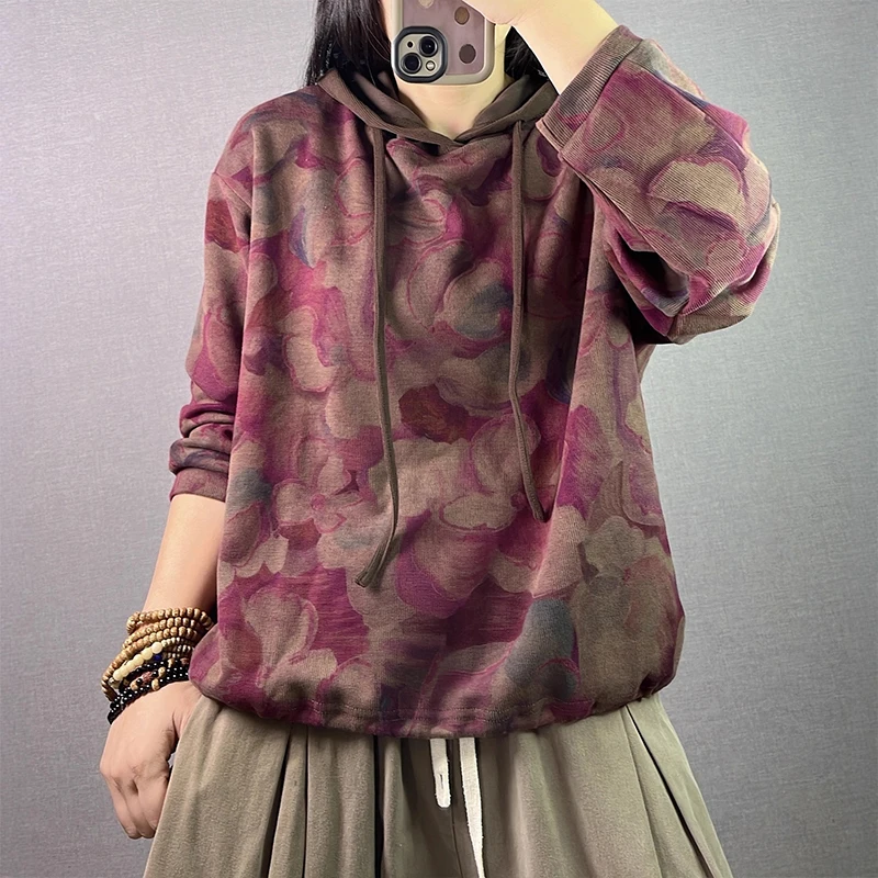 2025年秋韓国ファッション服 レディース プリント入りフード付きスウェットシャツ レディース ラグジュアリー ルーズ ヴィンテージ カジュアル 花柄パーカー