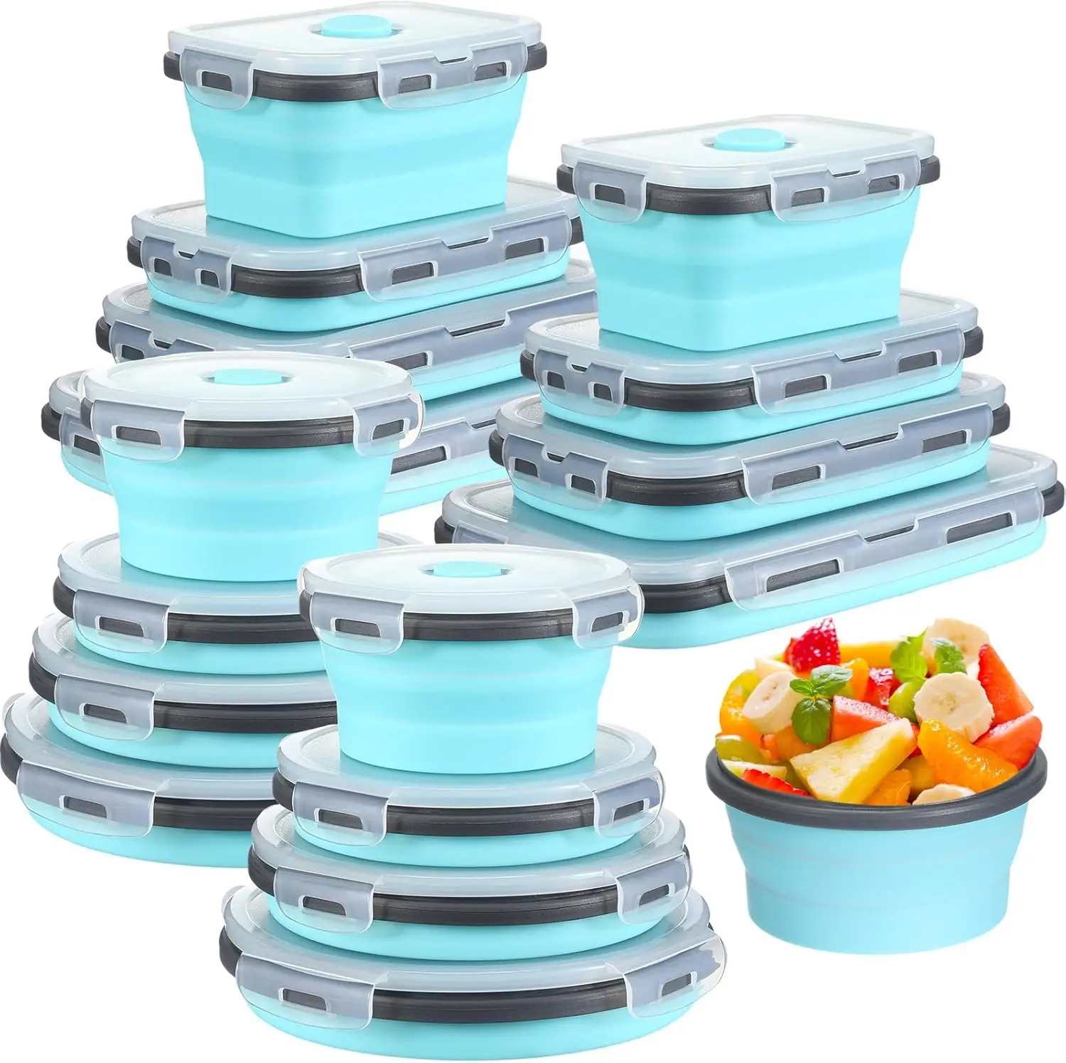 16 Pack Collapsible Food Storage Containers with Lid Foldable 8 Pcs Rectangle Storage Bowl and 8 Pcs Round Silicone Food Bow for