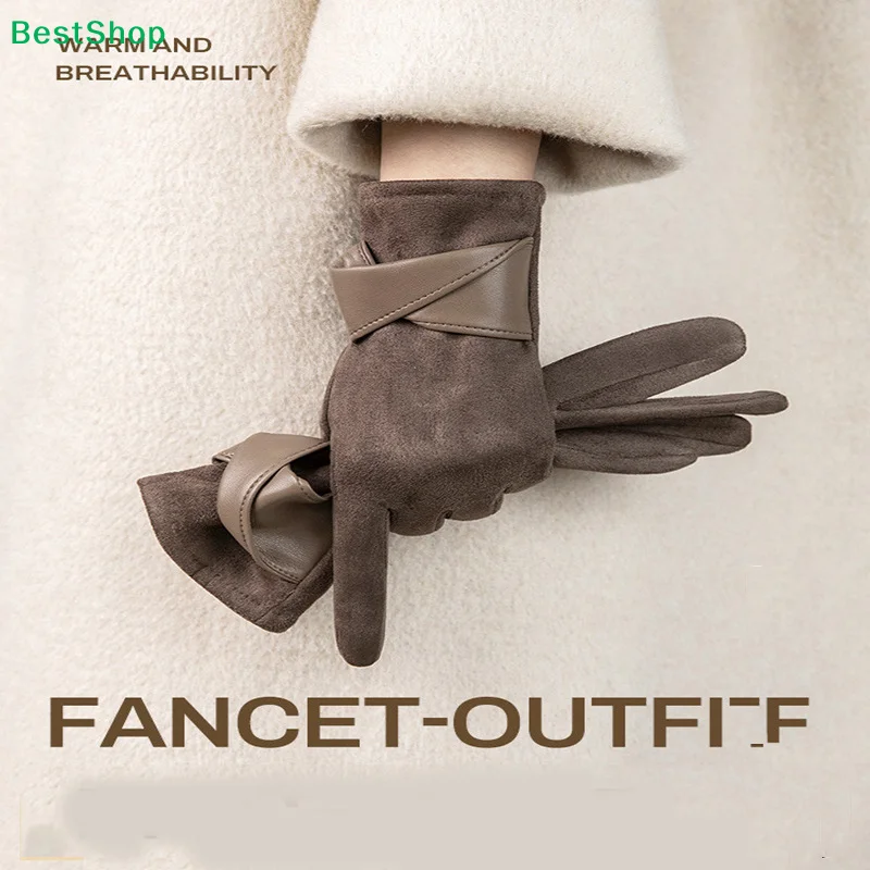 

♥ Женские замшевые зимние перчатки — теплые дышащие перчатки с сенсорным экраном и кожаным акцентом, модные перчатки из искусственной замши