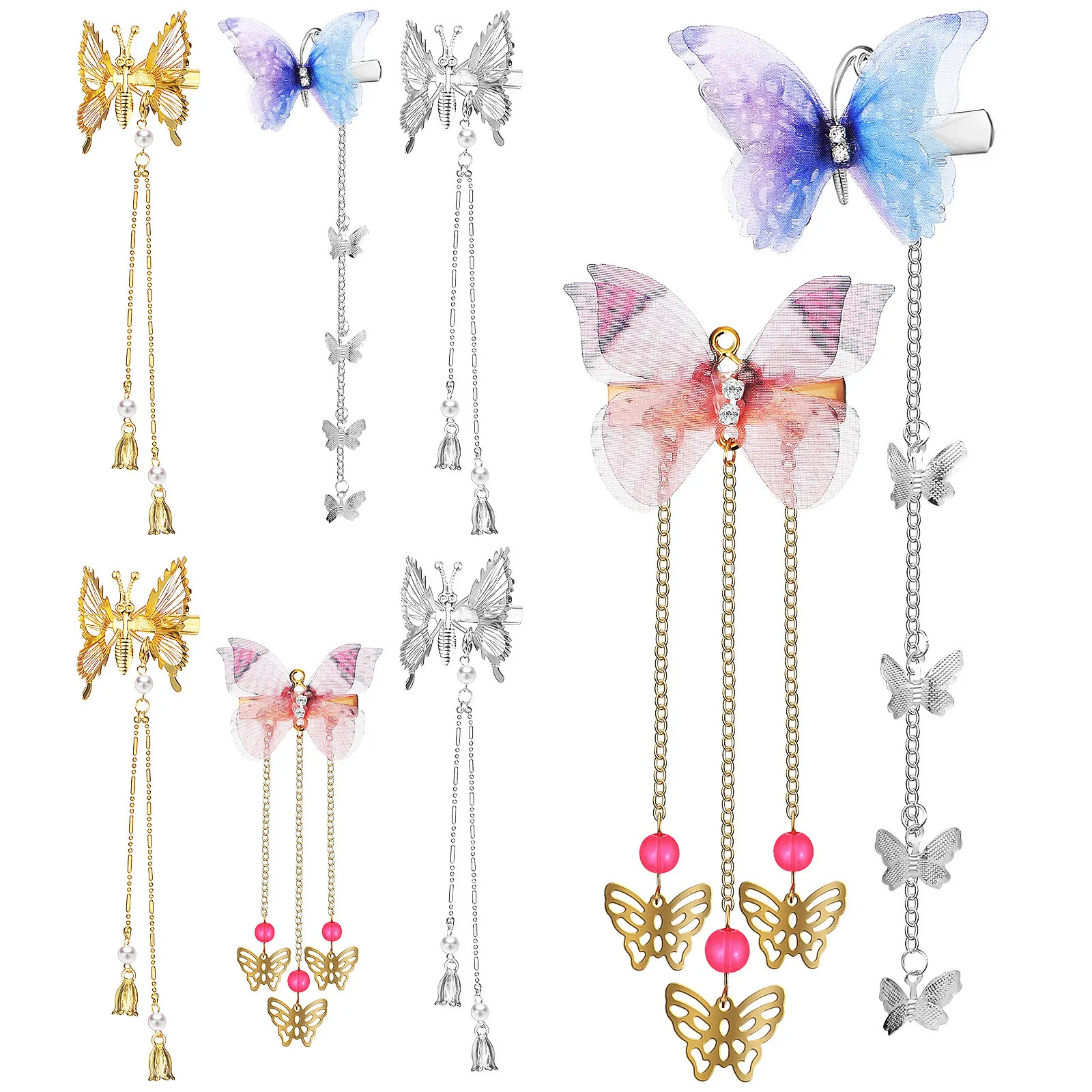 

8 шт. заколок для волос в виде бабочек с 3D-подвижными крыльями и длинными кисточками, металлические заколки для женщин, аксессуары для волос для вечеринок, свадеб и банкетов