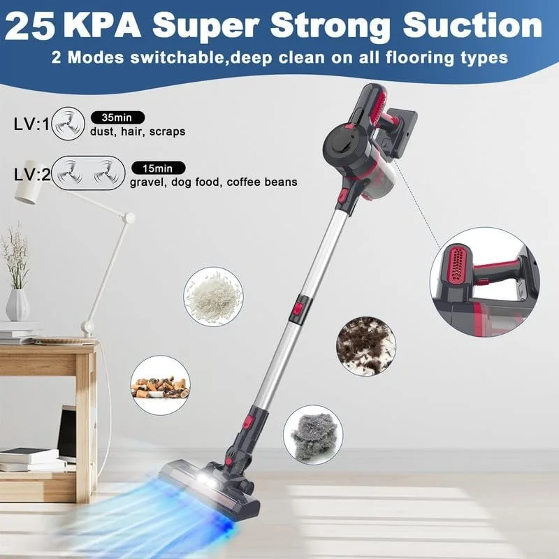 Cordless Vacuum Cleaner, 25Kpa 210W Brushless Motor Stick Vacuum with 35 Mins Long Runtime Detachable Battery