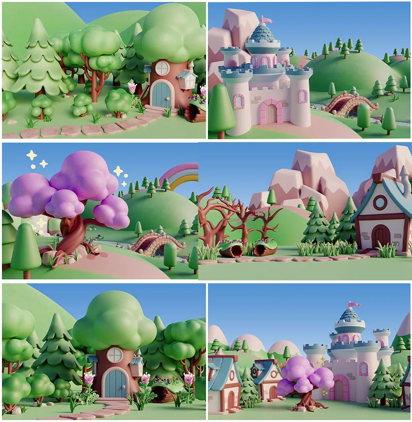 

Natural Scenery Castle Trees 3D Backdrops Photographic Child Birthday Party Cake Smash Backgrounds Decor Photo Shoot Supplies