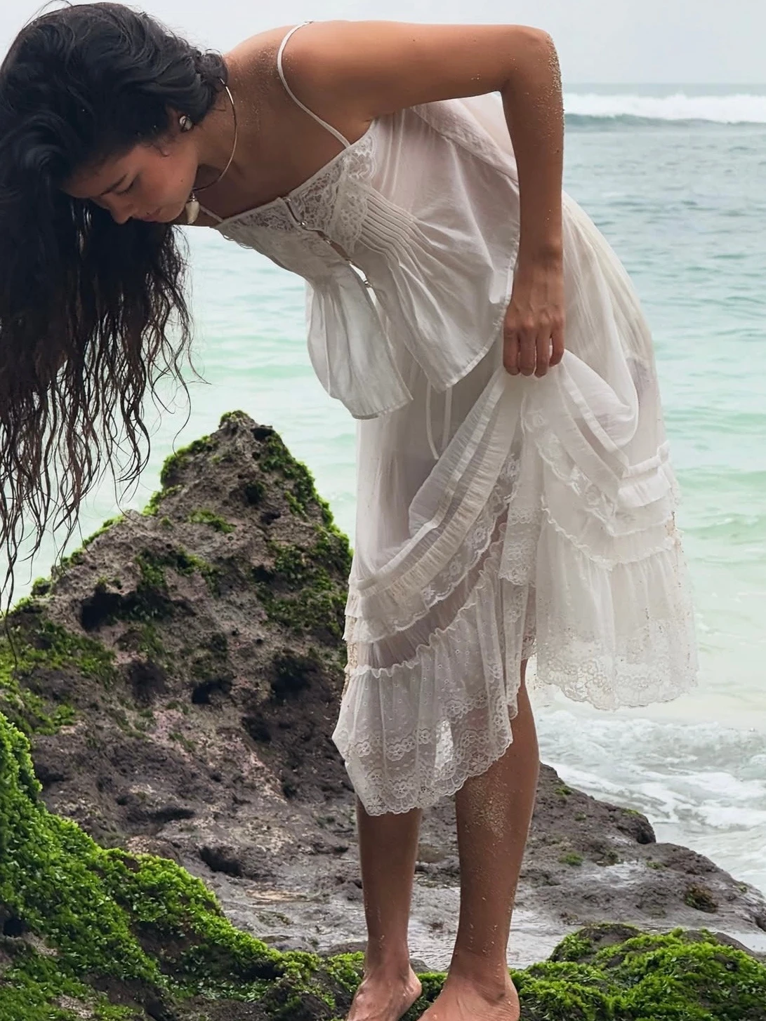 French Chic Sexy Chic Skirt Women Summer A-line White Summer Hollow Out Sheer Tie Lace Up Waist Vacation Beach Ladies Falda New