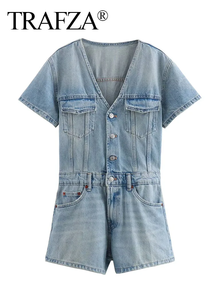 

TRAFZA Denim Jumpsuit For Summer Female Solid Short Sleeve V-Neck Pocket Button Decoration Single-breasted Short Jumpsuits Mujer