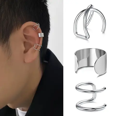 3pcs/set Punk Fashion Stainless Steel Ear Cuffs Helix Cartilage Clip on Wrap Non-Piercing Adjustable Earrings for Women Men Gift