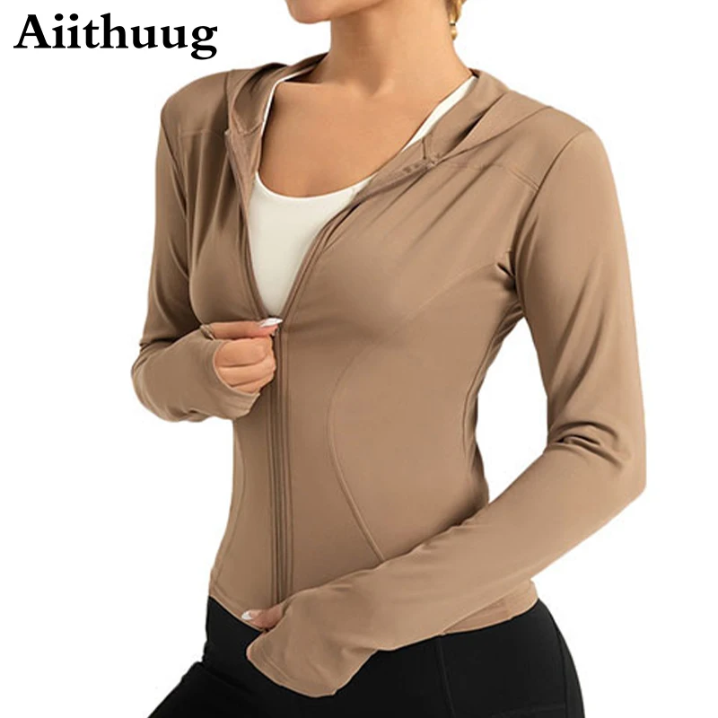 

Aiithuug Full Zipper Hooded Yoga Jacket with Thumbhole Women's Lightweight Slim Fit Coat Training Pilates Workout Gym Sportswear