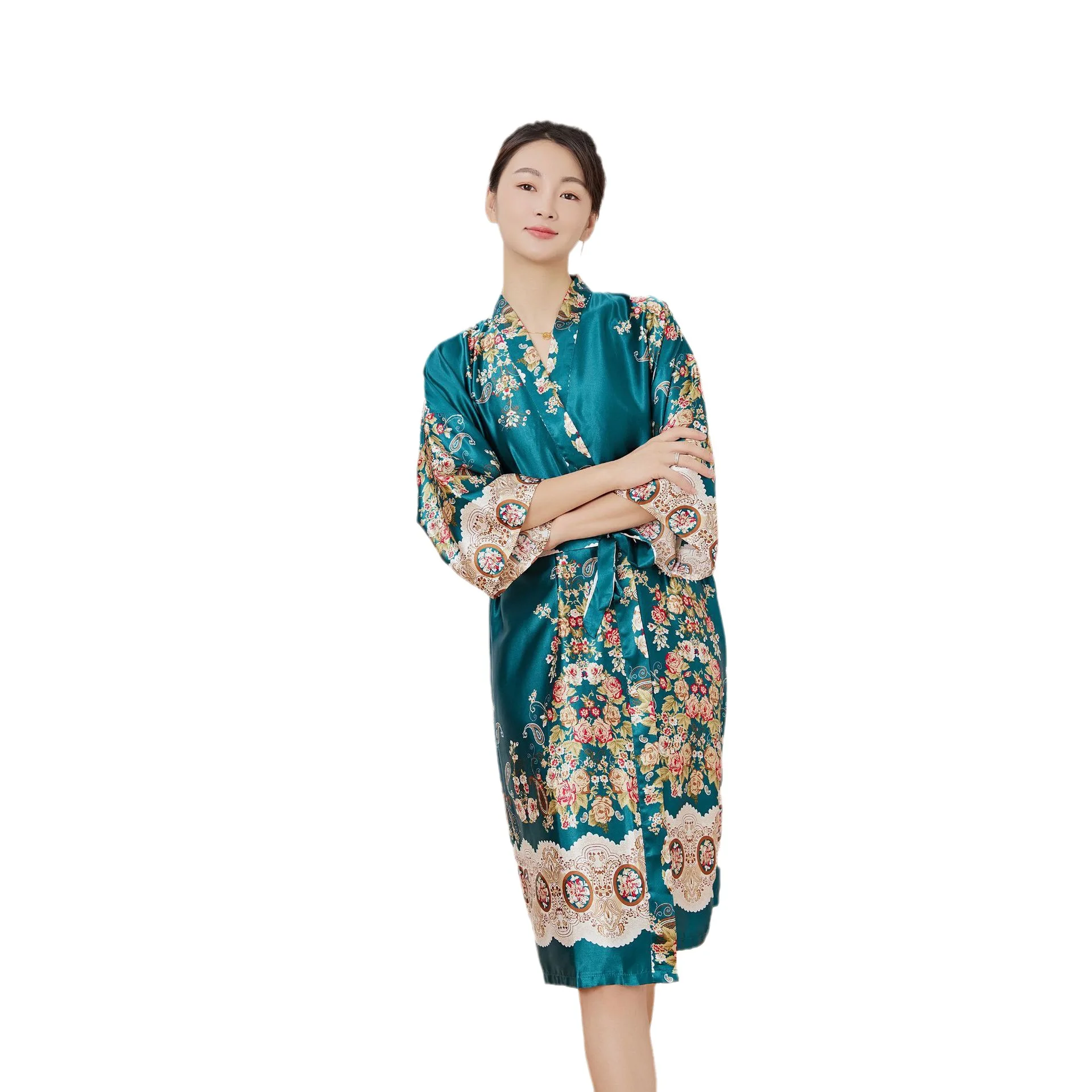 New Arrival Kimono Robe Women\'s Silky Satin Bathrobe Flower Printed Kaftan Robe Gown With Belt Female Japanese Yukata